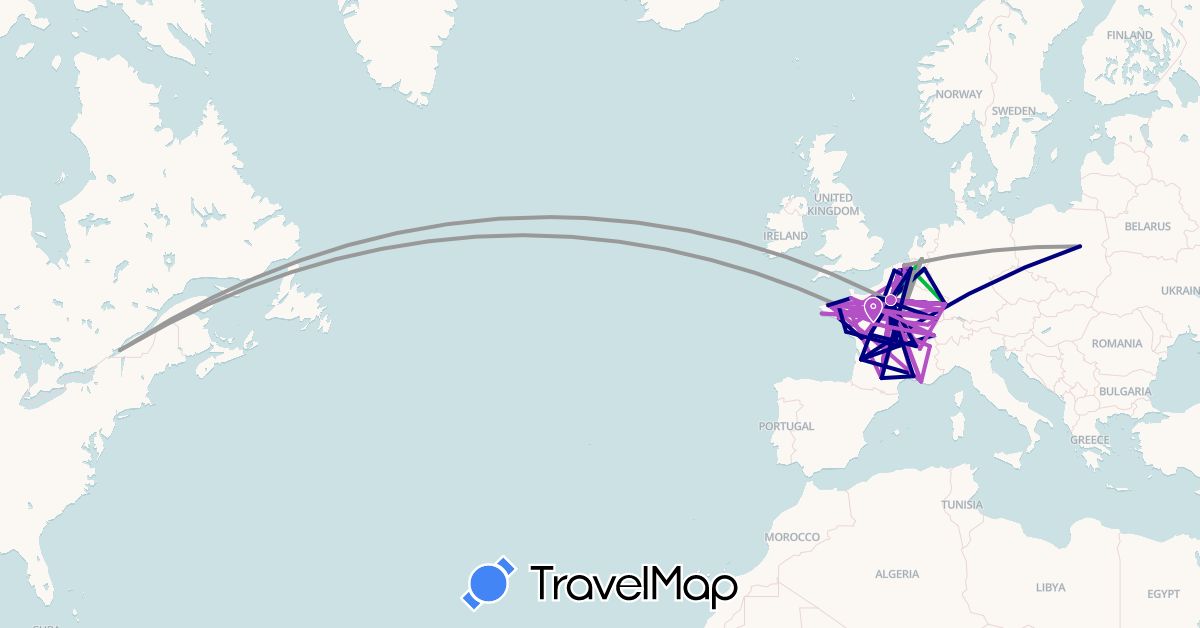TravelMap itinerary: driving, bus, plane, train, hiking in Belgium, Canada, Switzerland, France, Netherlands, Poland (Europe, North America)